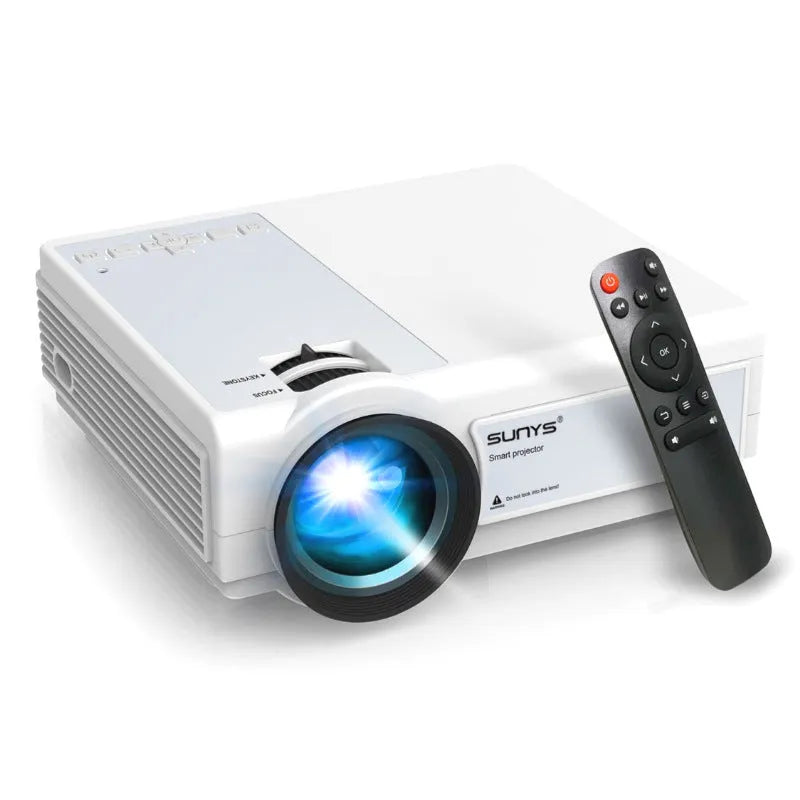 Portable HD 1080p projector in white with remote control, placed on a tabletop