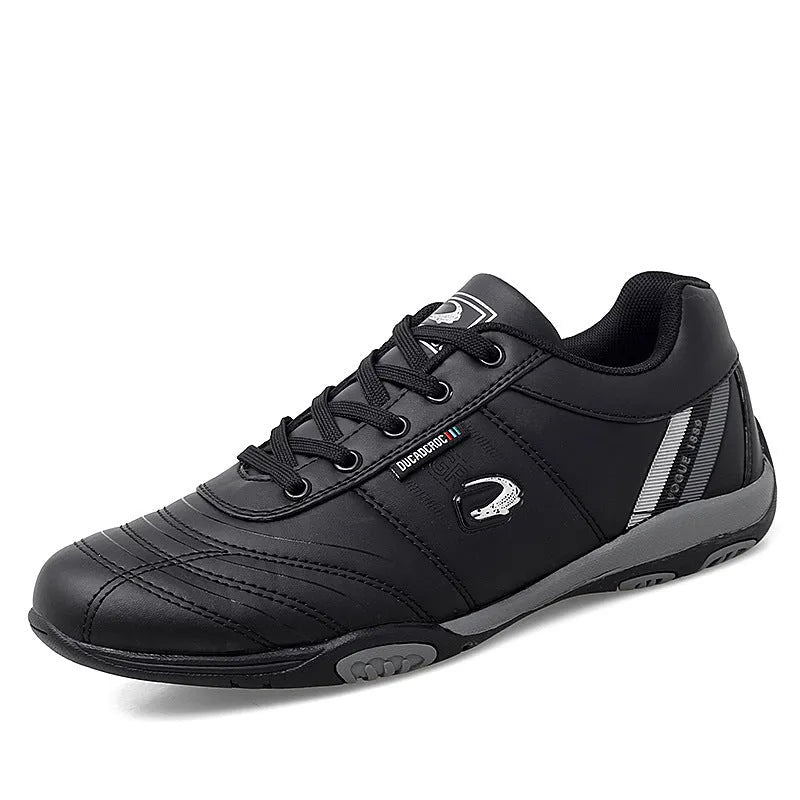 Men's casual space leather shoes in black with round toe and flat heel, size 42
