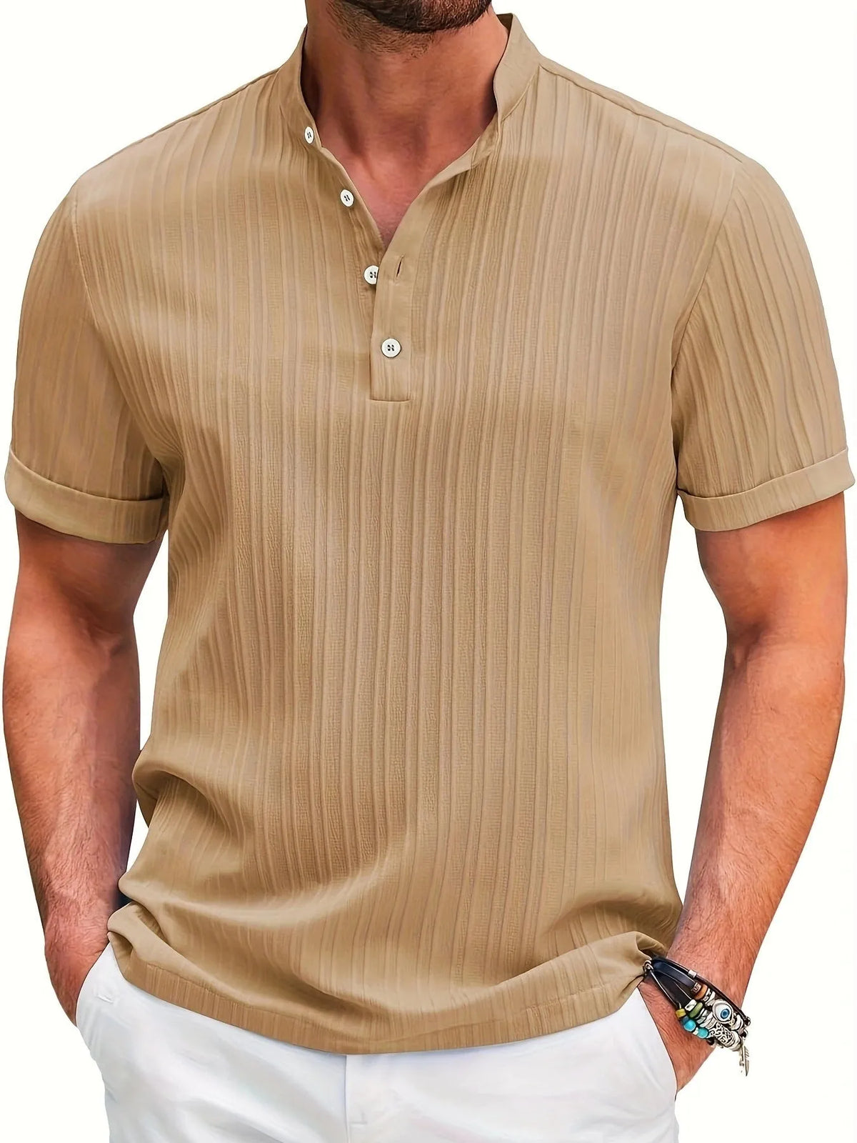 Men's summer polo shirt, short sleeve stand collar button front, loose fit, solid colour, sizes S-XXXL