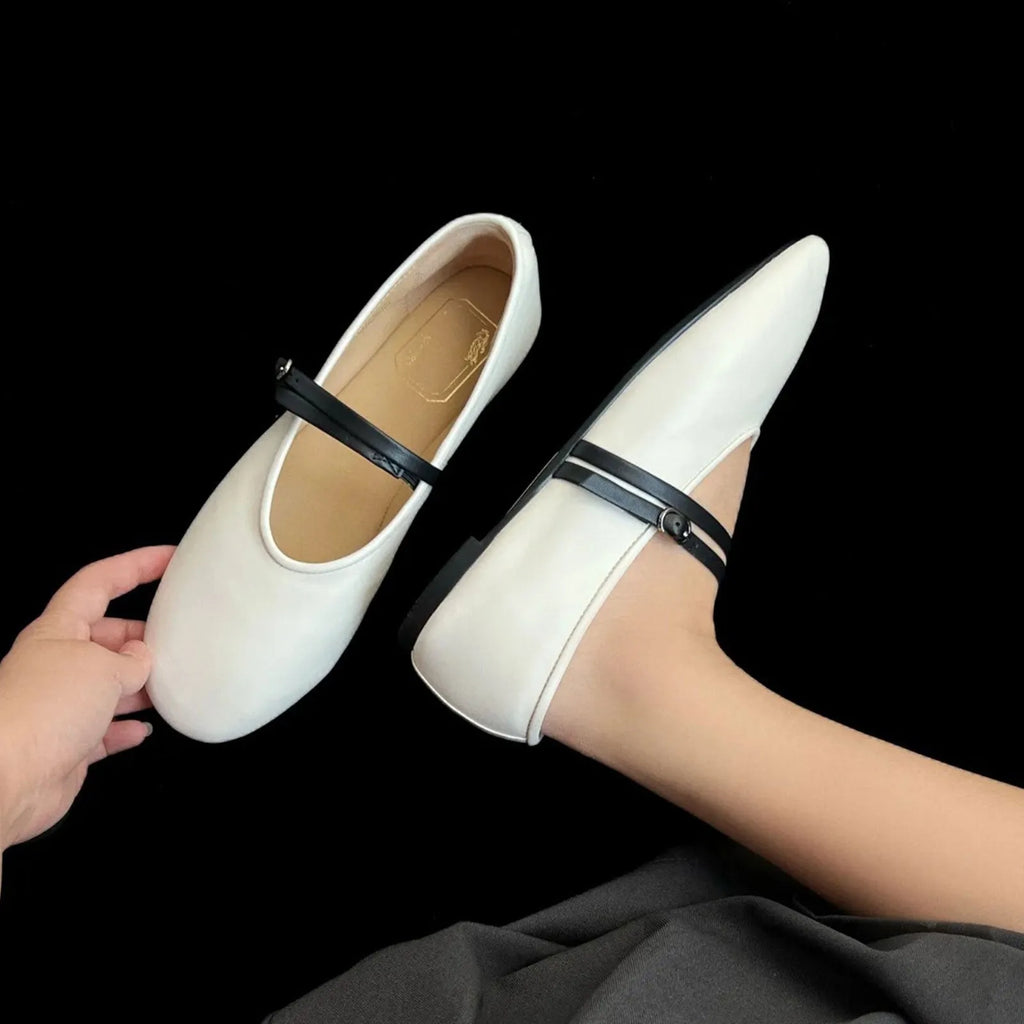 White sheepskin Mary Jane shoes round toe shallow mouth buckle low heel flat women