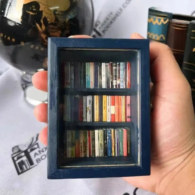 Mini wooden anti-anxiety bookshelf ornament with 60 mini books, 10x8x5cm, for desktop decor.
