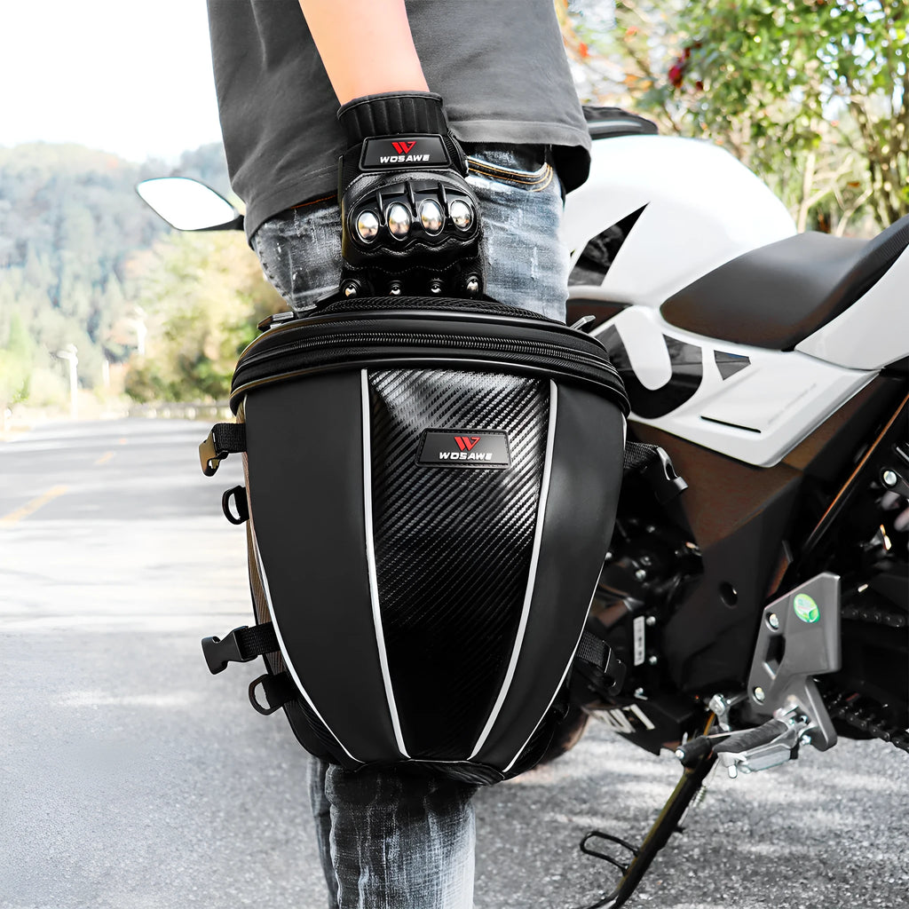 Black waterproof motorcycle crossbody bag with reflective strips and multiple pockets