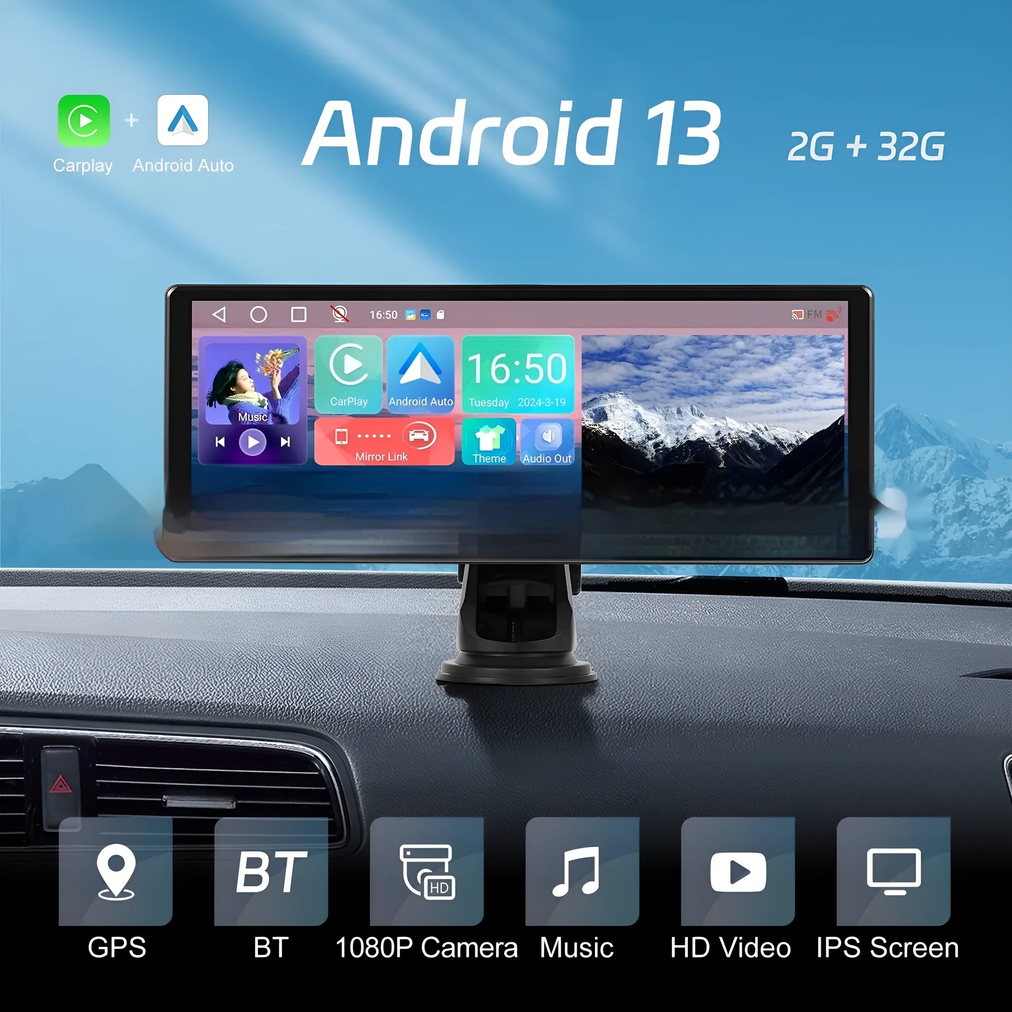 11.3 inch car touch screen display unit with wireless Android Auto and CarPlay on dashboard