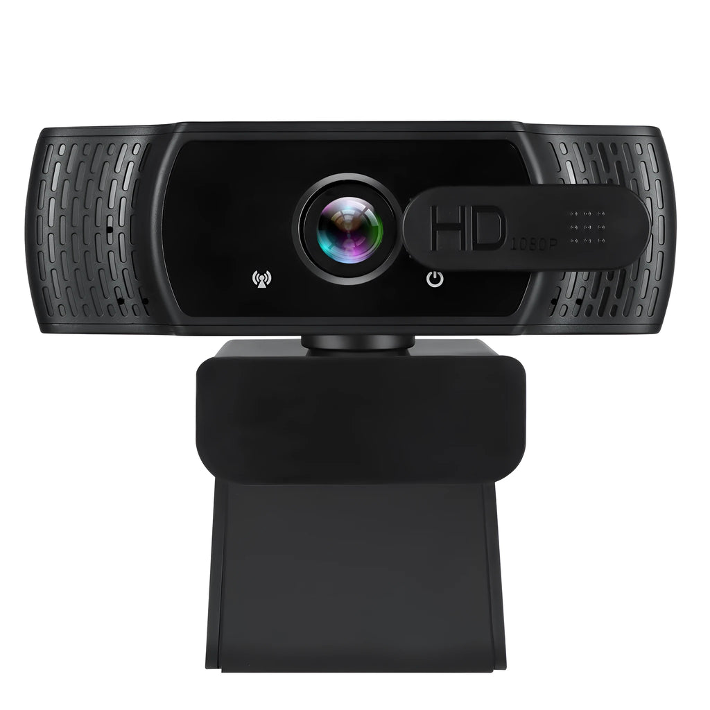 Black USB webcam with built-in microphone and adjustable clip for laptop or monitor.