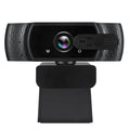 Black USB webcam with built-in microphone and adjustable clip for laptop or monitor.