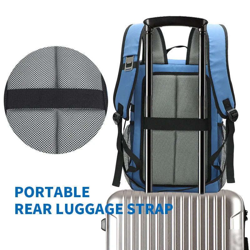 Insulated 20L beer backpack with shoulder-mounted bottle opener in black, blue, pink, or red