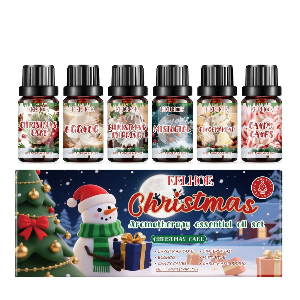 Christmas aromatherapy oil set showing six 60ml bottles for home fragrance