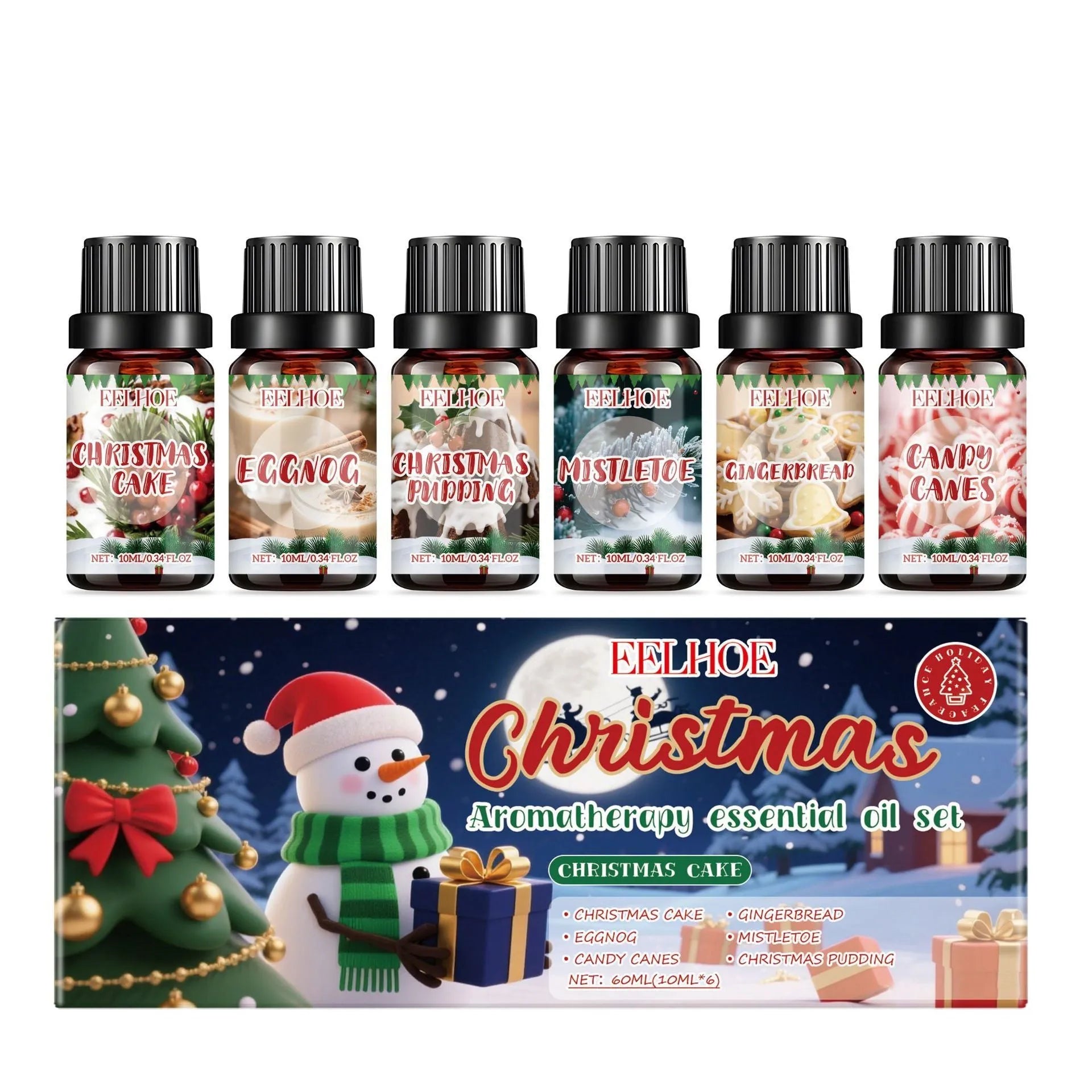 Christmas aromatherapy oil set showing six 60ml bottles for home fragrance