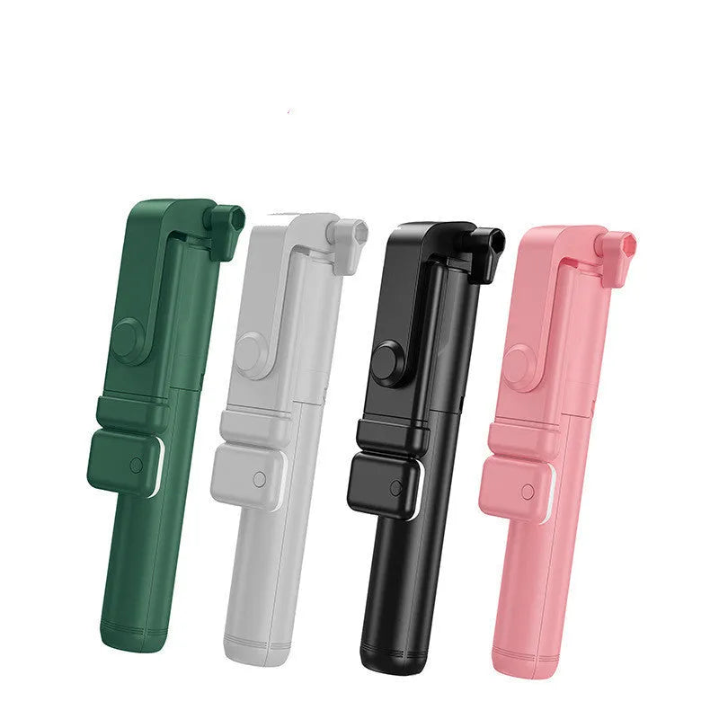Aluminium alloy Bluetooth selfie stick with integrated tripod legs and 360-degree rotating phone holder in black.