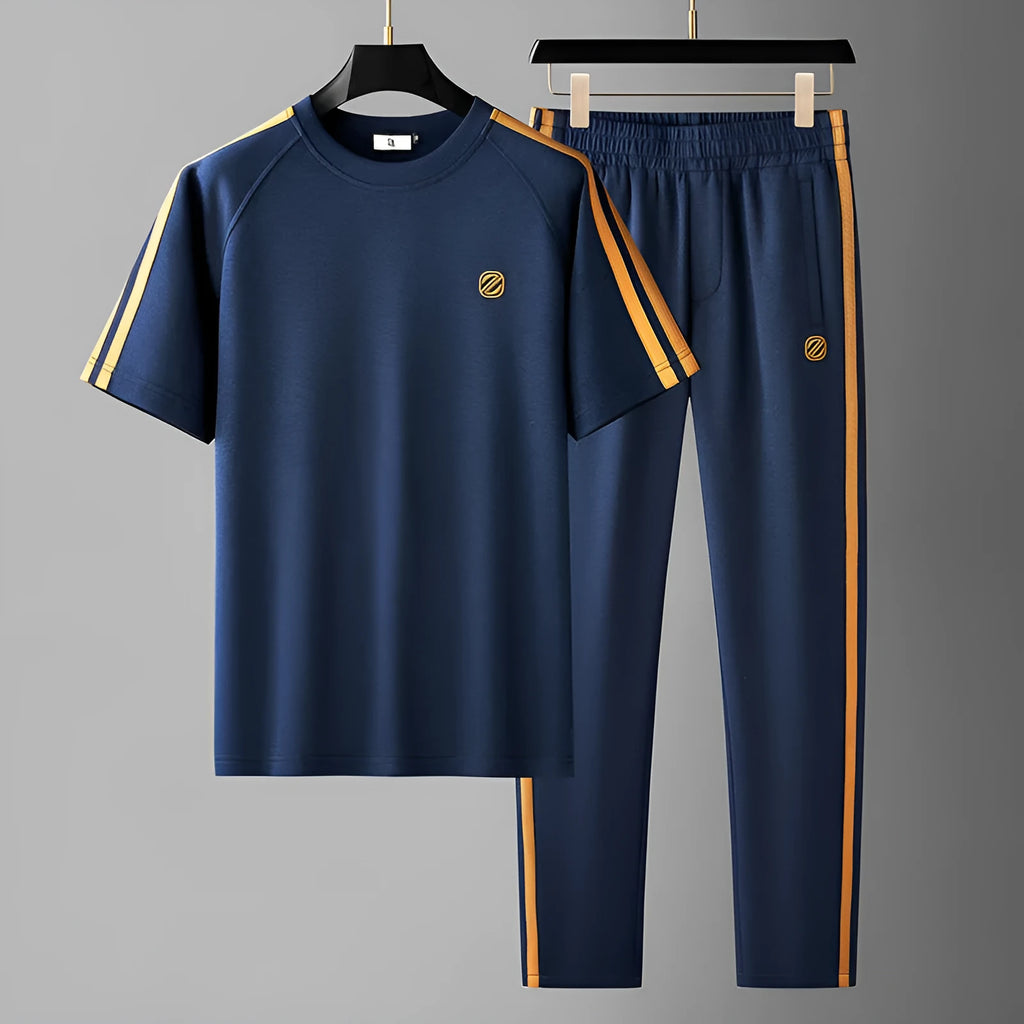 Men's ice silk style short sleeve suit set in blue colour with matching top and trousers