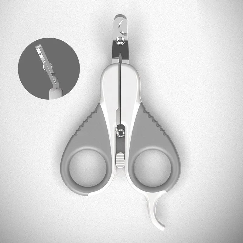 Grey and pink cat nail clippers with curved safety blade and ergonomic rubberised handles