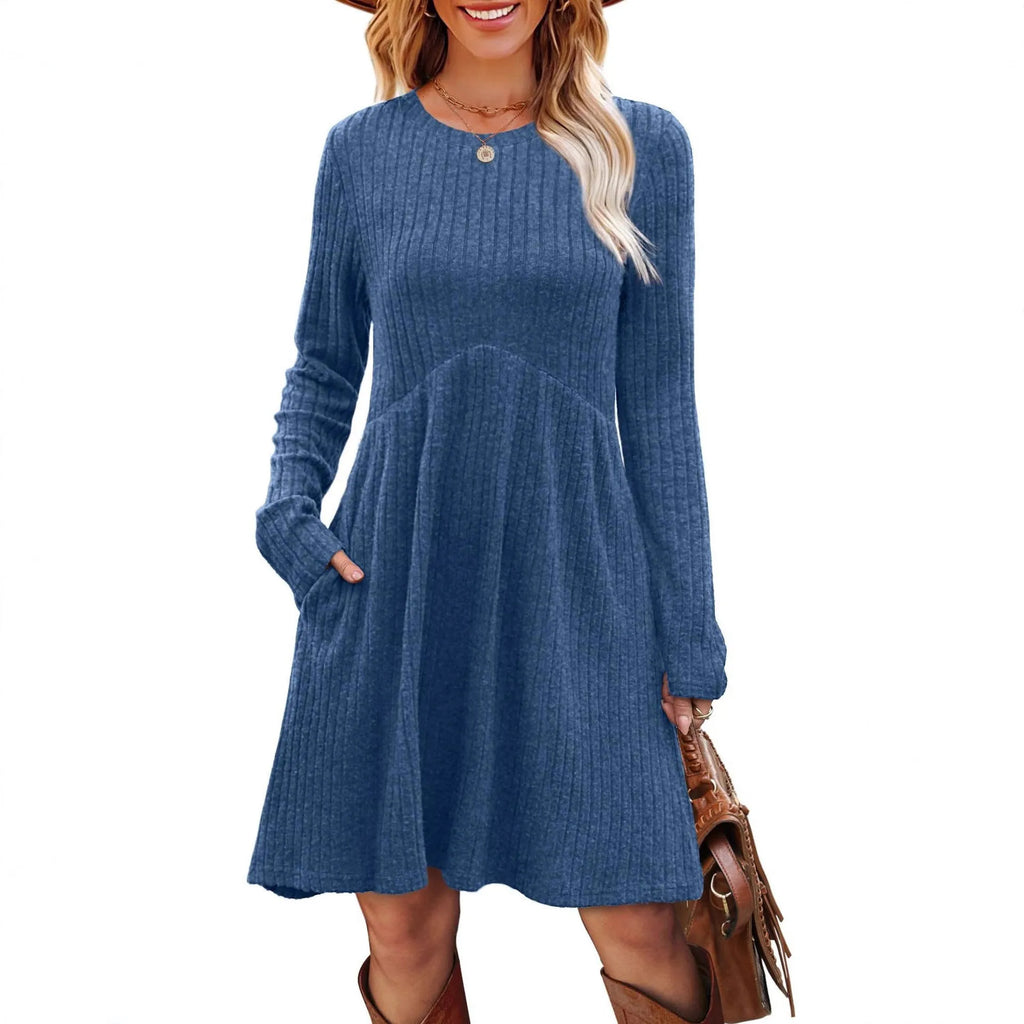 Women's bohemian brushed sunken stripe solid colour princess dress mid length wide waist autumn winter
