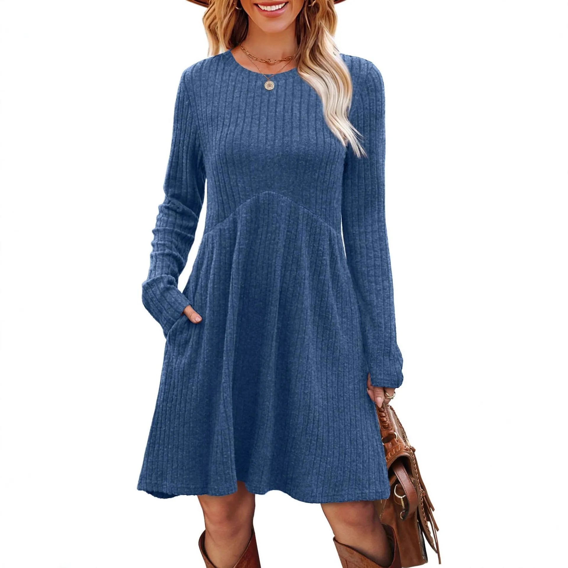 Women's bohemian brushed sunken stripe solid colour princess dress with wide waist and mid-length skirt