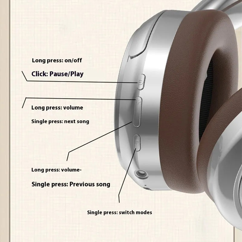 Retro-style brown wireless Bluetooth headset with metal details and sport headband design.