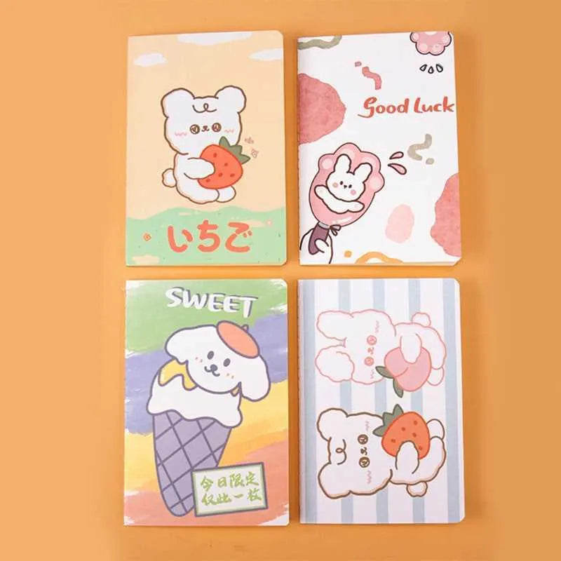 Cartoon A5 notebook with 30 sheets, showing cover design options like Cute Bear and Kumamoto Rabbit.