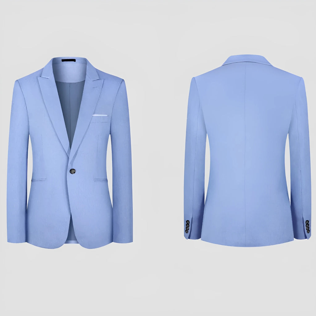 Men's light blue Western style casual suit blazer on a hanger, shown front and back.