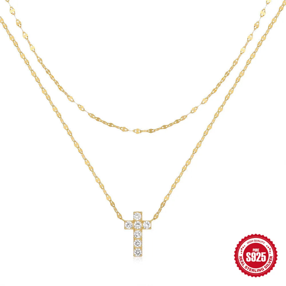 S925 sterling silver double-layer twin diamond cross pendant necklace on a delicate clavicle chain.