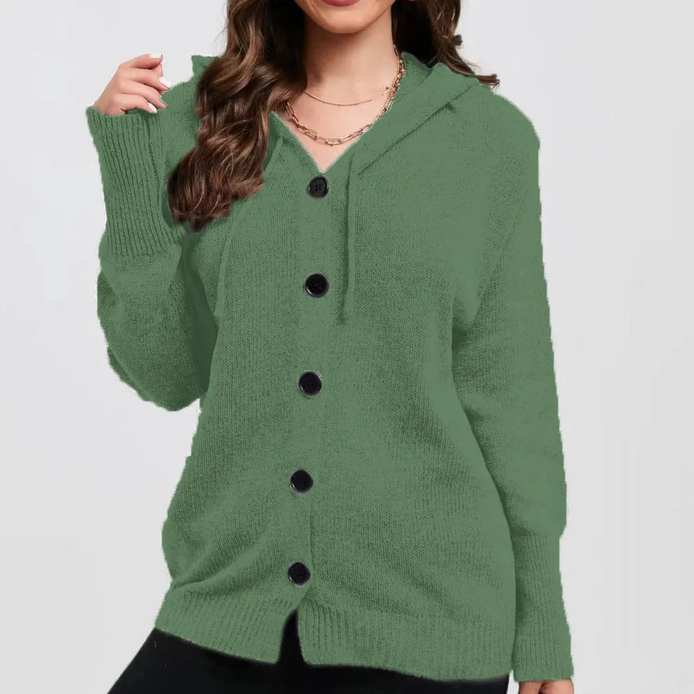 Women's loose fit hooded cardigan in coloured cotton, shown in army green.