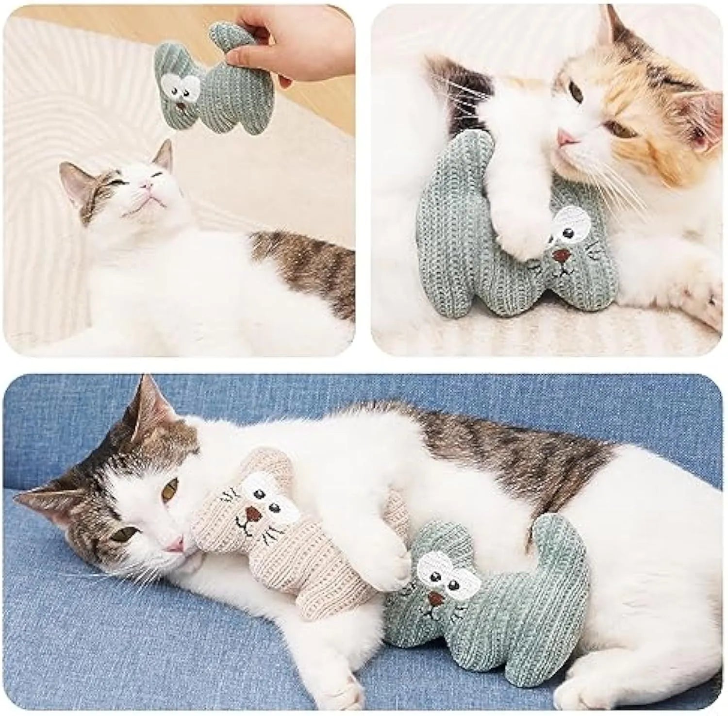 Cyan and light coffee plush cat toy with rope, containing catnip and a bell