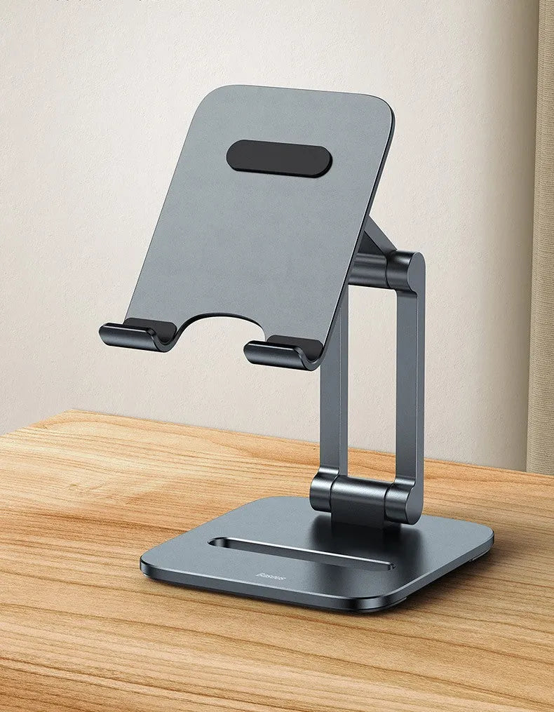 Deep space grey aluminium folding stand holding a tablet and a mobile phone.