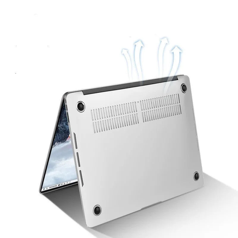 Black and transparent PC hard shell protective cases for Apple MacBook Pro 14-inch and 16-inch laptops.