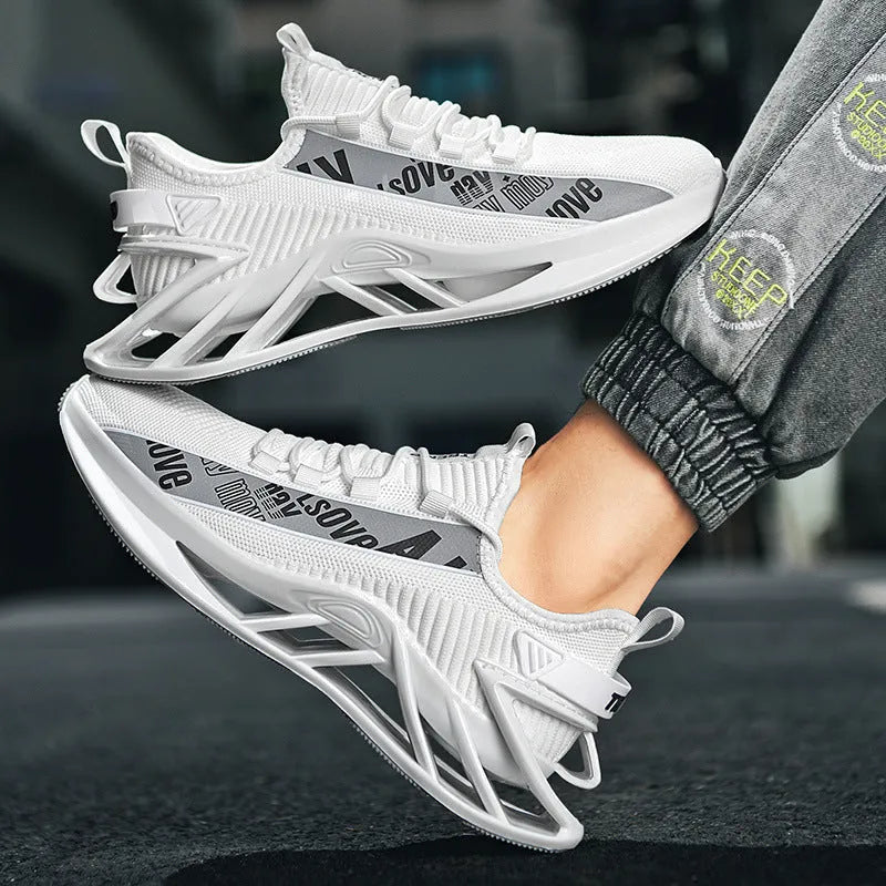 Men's fly woven mesh casual sports shoes in black, blue, red, and white colour options