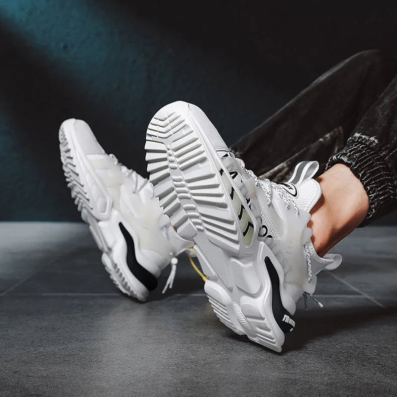 Men's high top PU mesh running walking tennis sneakers thick sole available in white light gray black