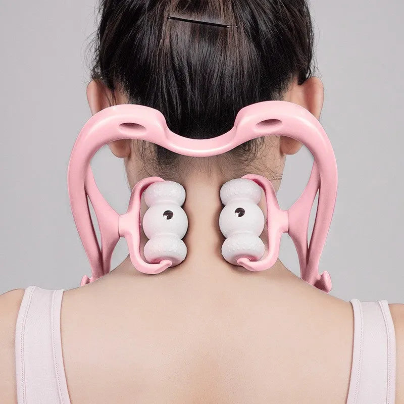 Blue handheld deep tissue neck massager with 360-degree roller and acupressure nodes on a white background.