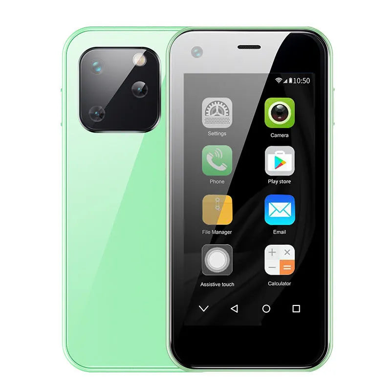 Ultra-compact Android smartphone with 2.5-inch screen in Phantom Night Black colour showing dimensions