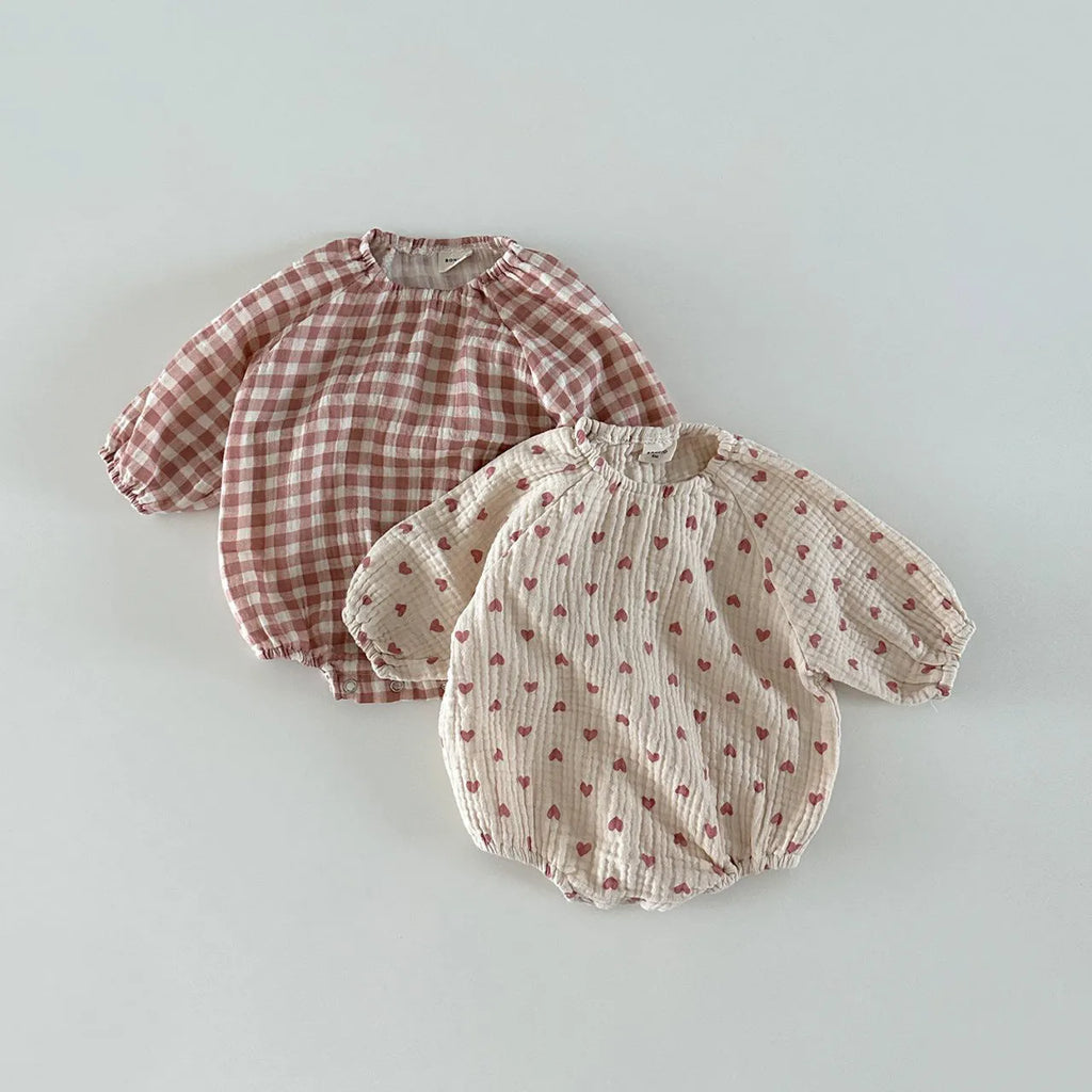 Cotton double-layer gauze casual romper for babies, pullover style, long sleeves, pink plaid pattern