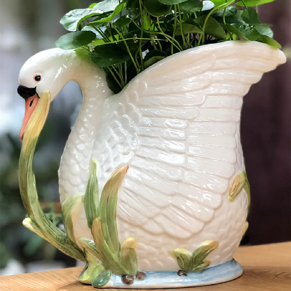 Pastoral style ceramic swan vase with embossed effect, 24.1 cm x 15.2 cm x 20 cm, in picture colour