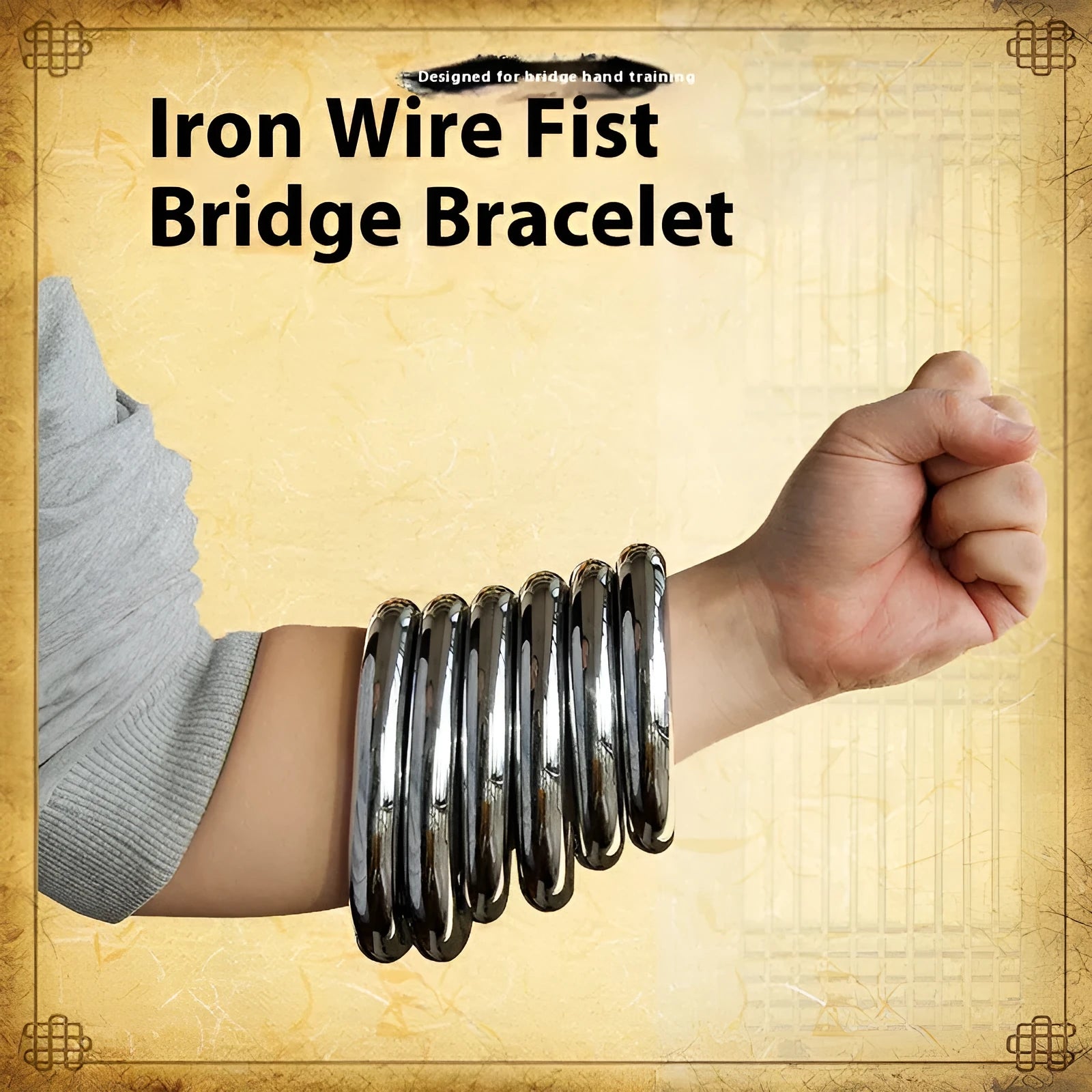 Electroplated carbon steel Wing Chun training ring for forearm strength, shown in three sizes.
