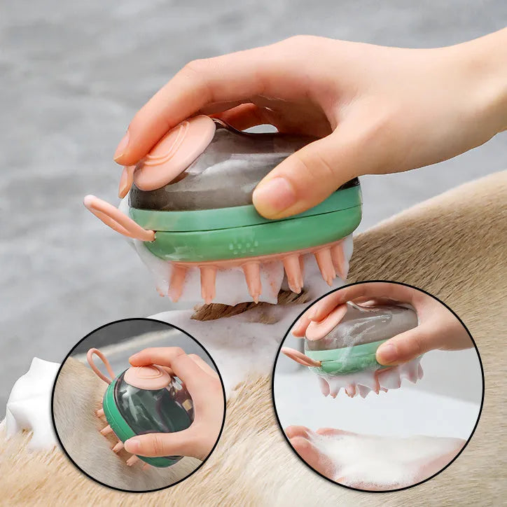 Blue 2-in-1 pet bathing brush with silicone head and integrated shampoo dispenser held in a hand.