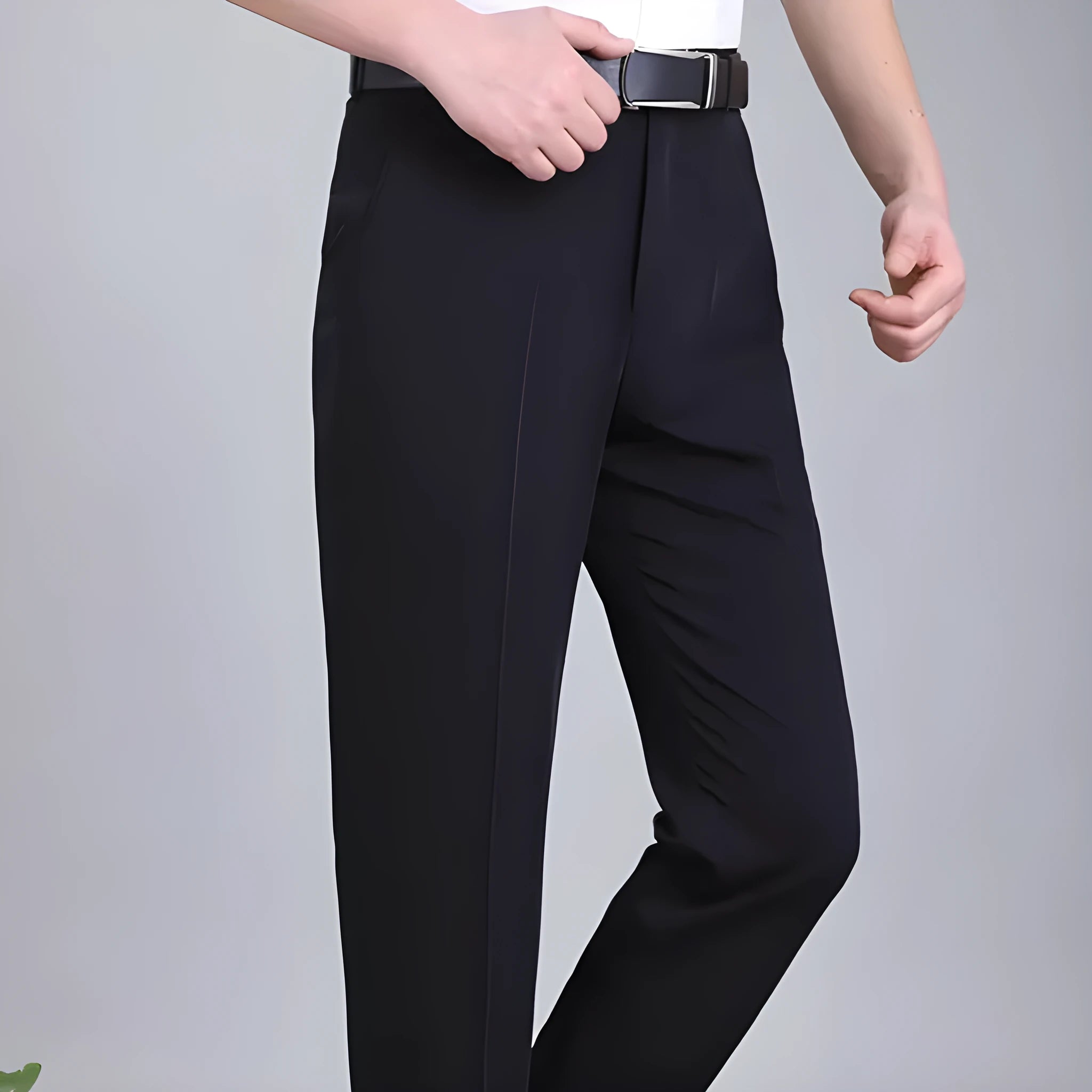 Men's mulberry silk blend straight-leg business trousers with high waist in dark blue colour
