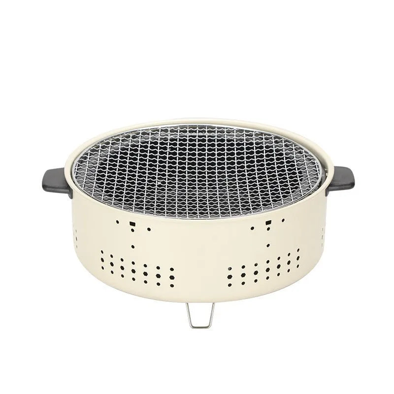 Portable multi-functional charcoal stove with grill rack disk for indoor and outdoor cooking.