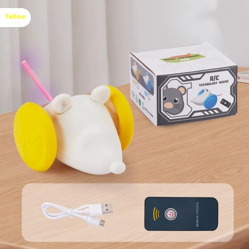 Electronic cat toy mouse with remote control, showing blue and yellow colour options