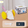 Electronic cat toy mouse with remote control, showing blue and yellow colour options