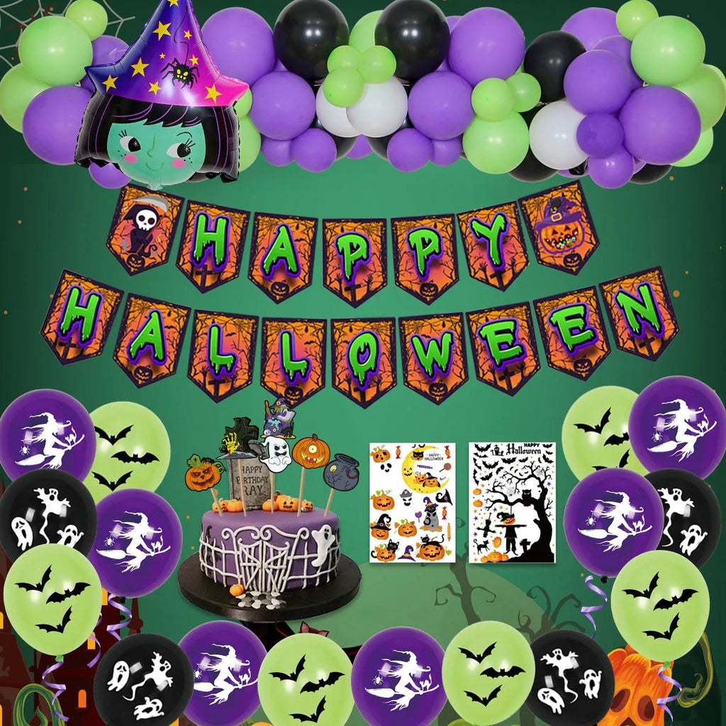 Halloween latex balloon set with black and white skull and pumpkin designs including spider balloon arch element