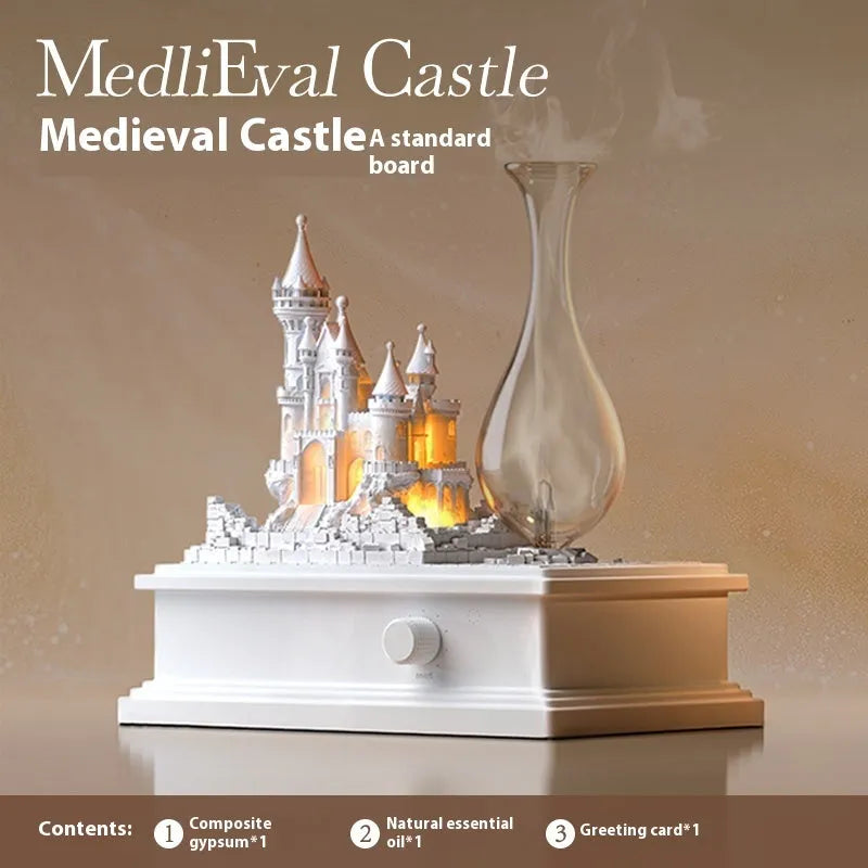 White Medieval Castle waterless aromatherapy machine ornament with ambient light on a table.