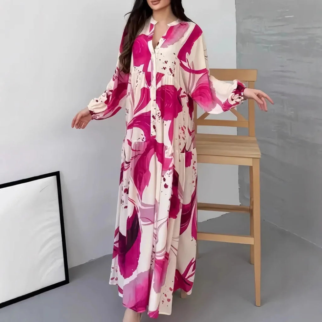 Loose casual V-neck dress with oversized swing skirt in Rose Red, long sleeves, spliced style, mid waist, casual Japanese Korean design