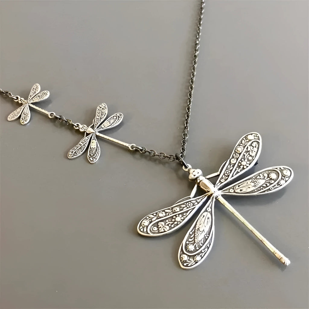Retro creative carved stitching dragonfly pendant necklace in ancient silver alloy