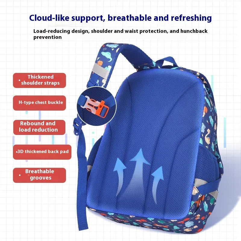 Blue children's dinosaur print school backpack with curved straps on a white background.