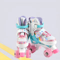 Children's double row four wheel full flash roller skates rainbow blue side view with lit wheels