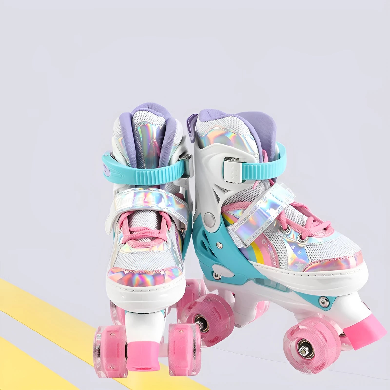 Children's double row four wheel full flash roller skates rainbow blue side view with lit wheels
