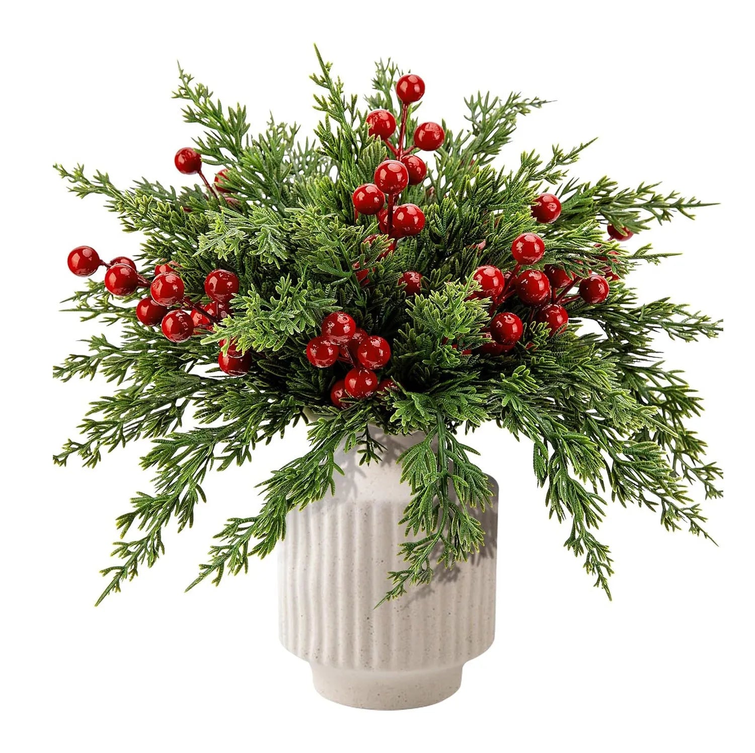 Artificial flower arrangement with 45 plastic stems including green pine branches and red berries at 20cm height