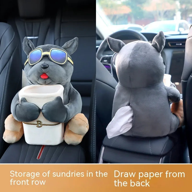 Plush hanging car tissue box for vehicle armrest with canine design options