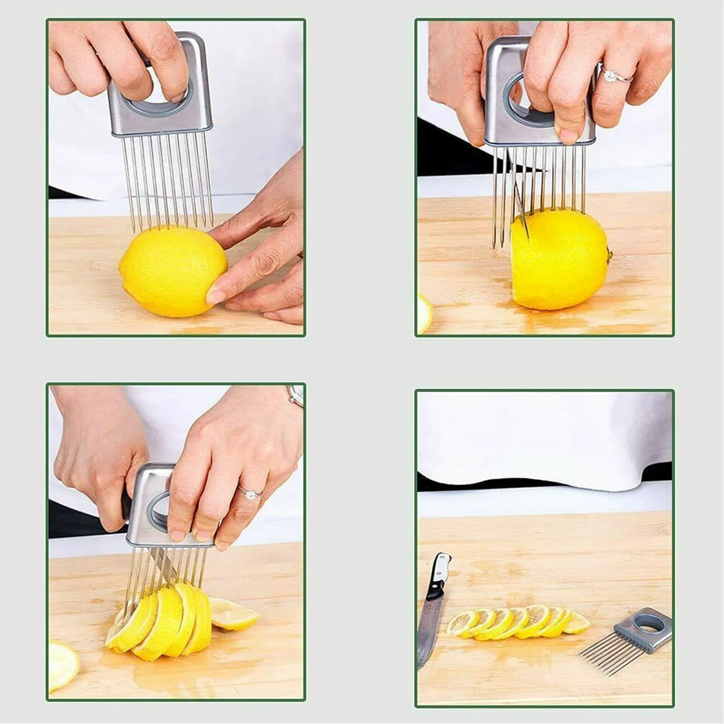 Stainless steel onion holder slicer with sharp prongs and a red finger guard on a cutting board.