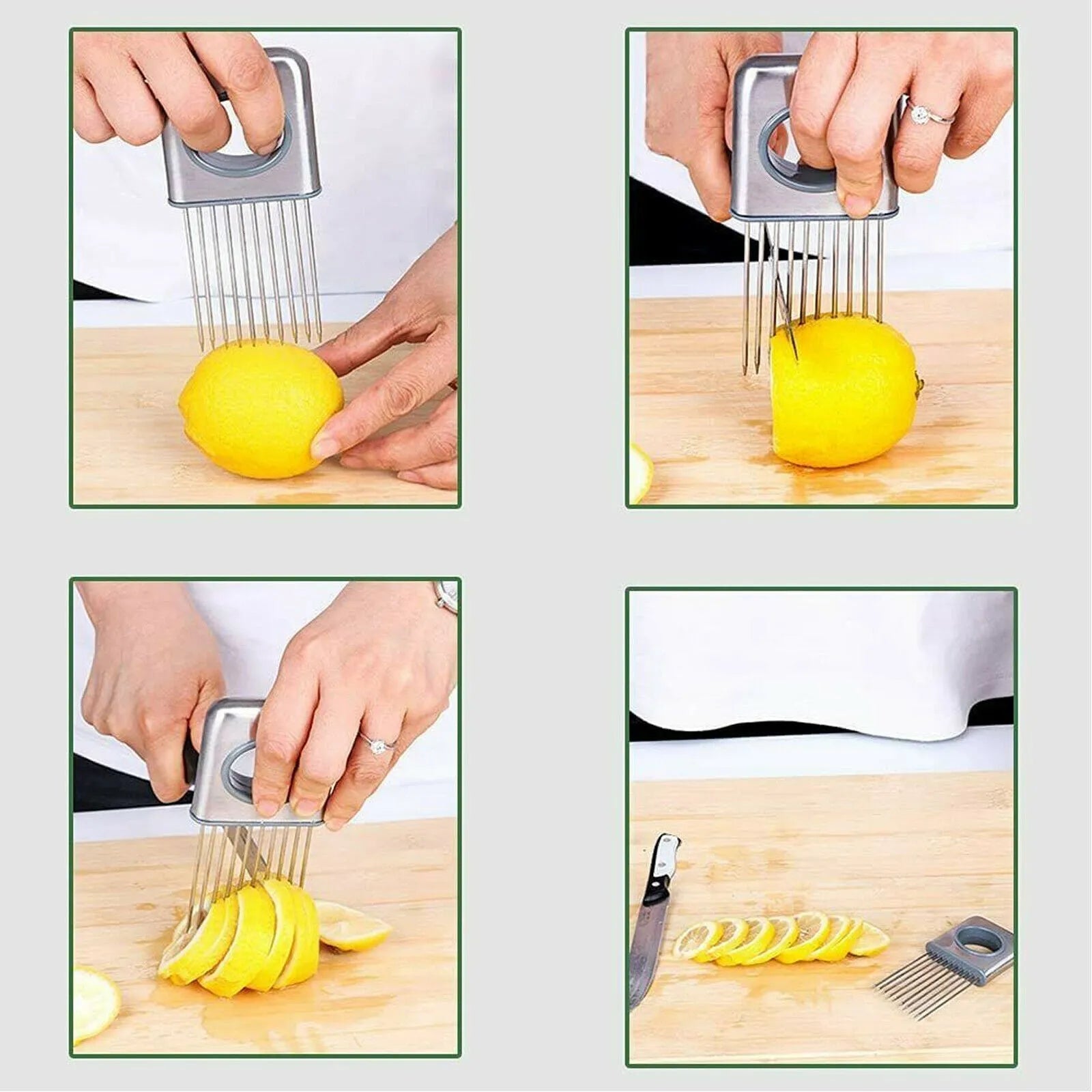Stainless steel onion holder slicer with sharp prongs and a red finger guard on a cutting board.