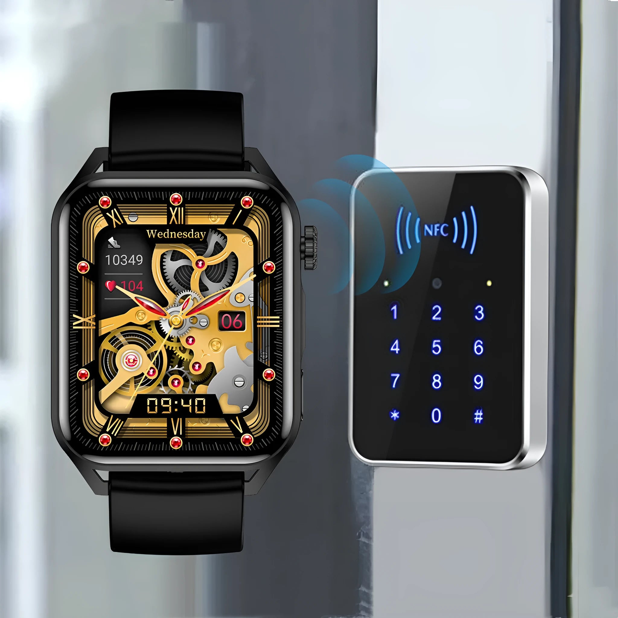 Black smart watch with 1.8-inch AMOLED screen and silicone strap on a wrist.