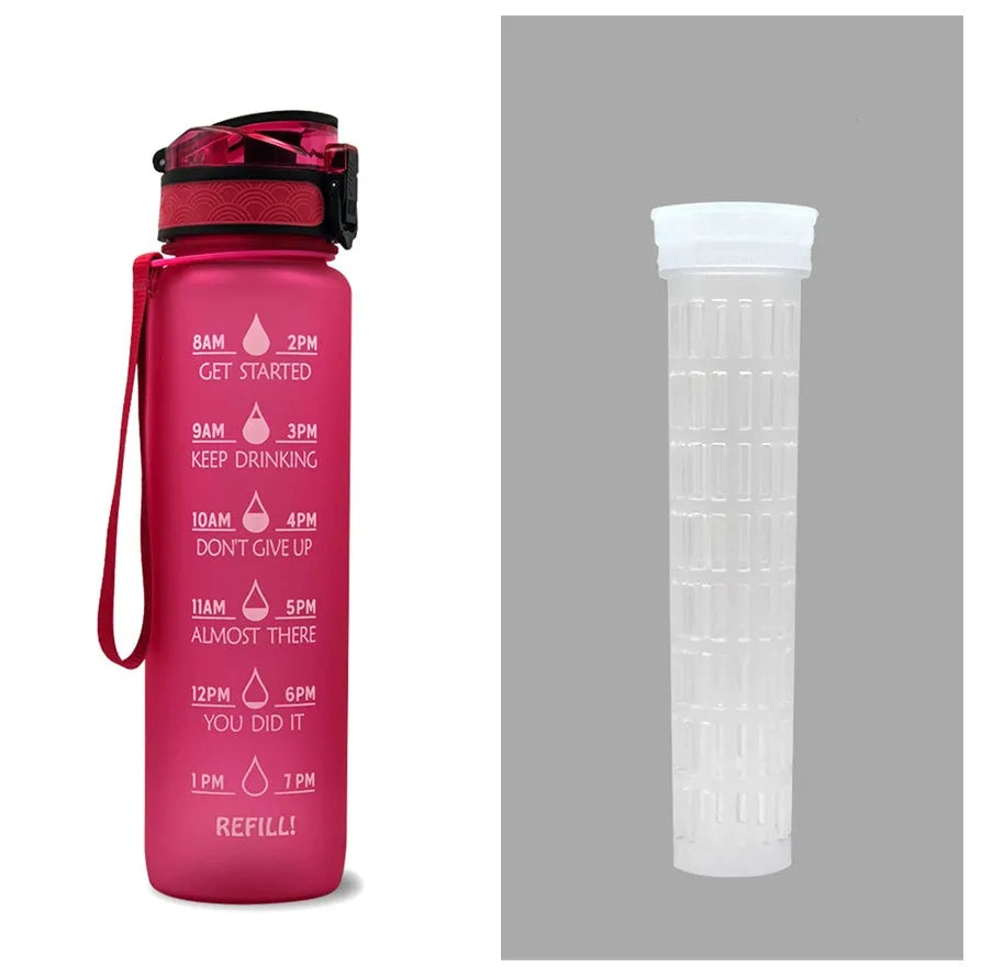 1L Tritan sports water bottle with time markers and flip-top lid in blue-red gradient colour